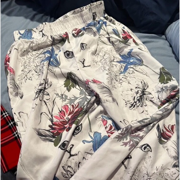 Boho Floral Print Tropical Cat Print High Waist Wide Leg Palazzo Pants White - Picture 4 of 5